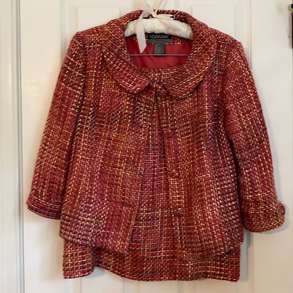 Pink, purple and cream tweed skirt suit.